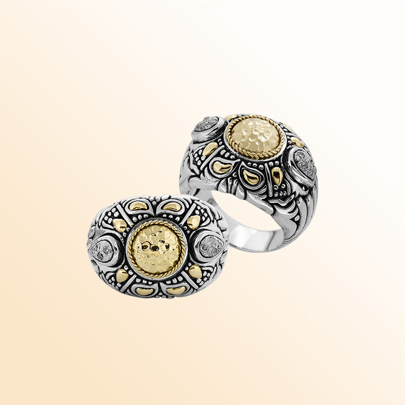 Sterling Silver Hammered Gold Center Mandala Ring With Intricate Balinese Carvings.