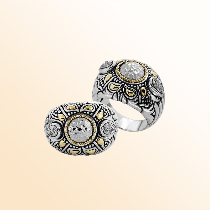 Sterling Silver Hammered Silver Center Mandala Ring With Gold Accents And Intricate Balinese Carvings.