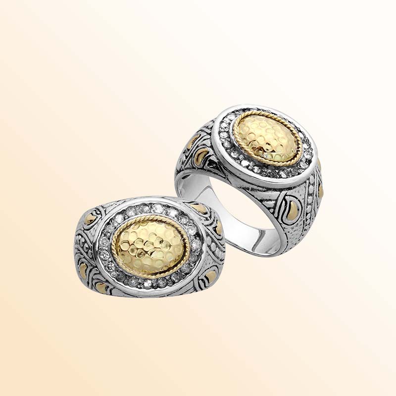 Sterling Silver With 18K Gold Hammered Oval Center Ring With Intricate Balinese Carvings.