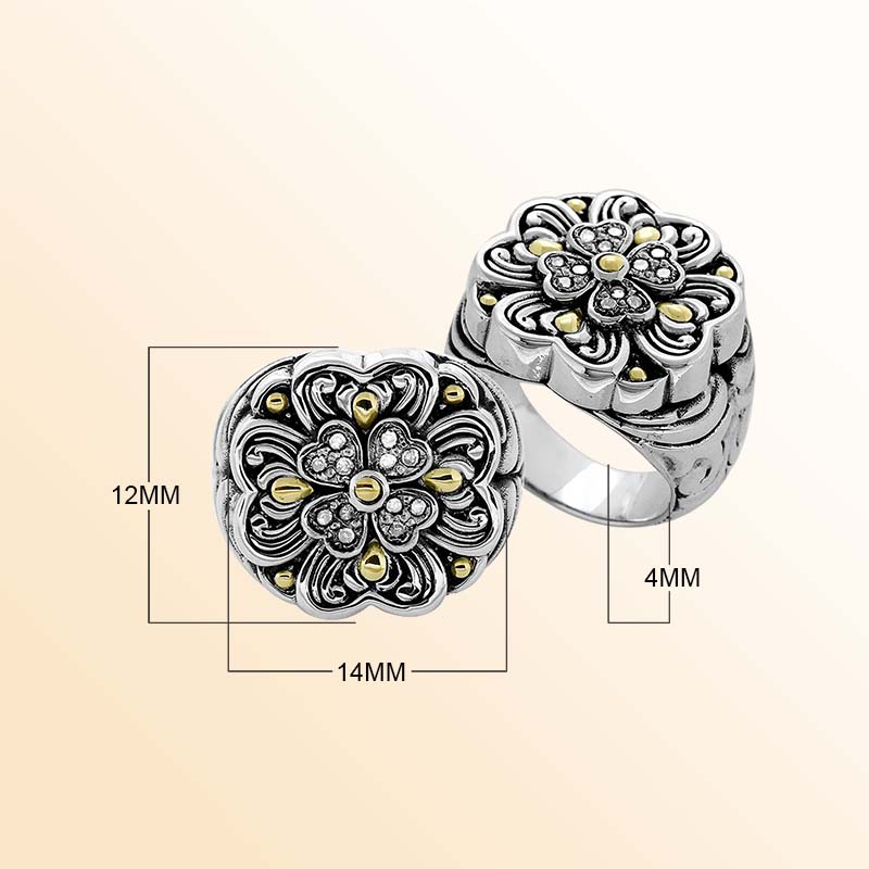 Sterling Silver With 18K Gold Diamond Floral Petal Cluster Ring With Intricate Balinese Carvings.
