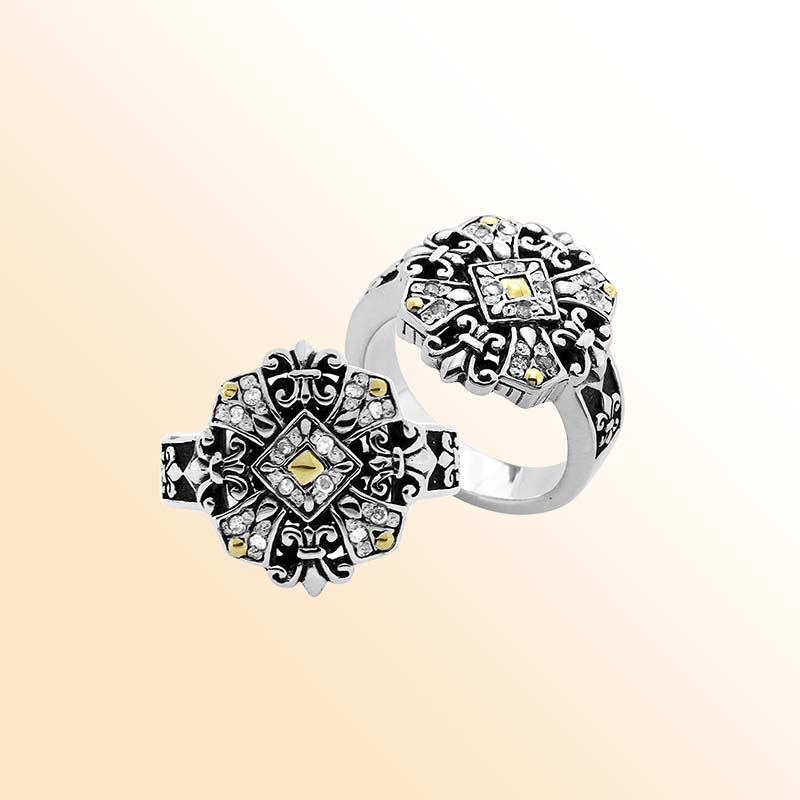 Sterling Silver With 18K Gold Diamond Geometric Mandala Star Ring With Intricate Balinese Carvings.