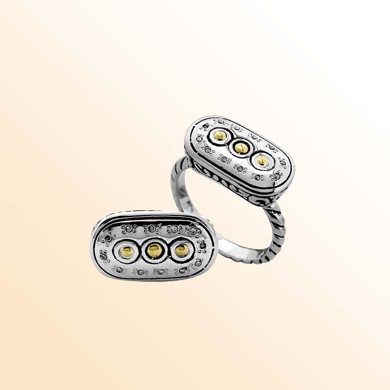 Sterling Silver With 18K Gold Diamond Triple-Dot Oval Ring With Intricate Balinese Carvings.