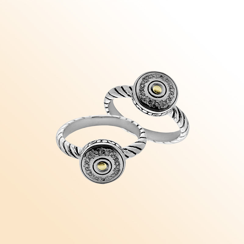 Sterling Silver With 18K Gold Diamond Round Minimal Mandala Ring With Twisted Balinese Band.