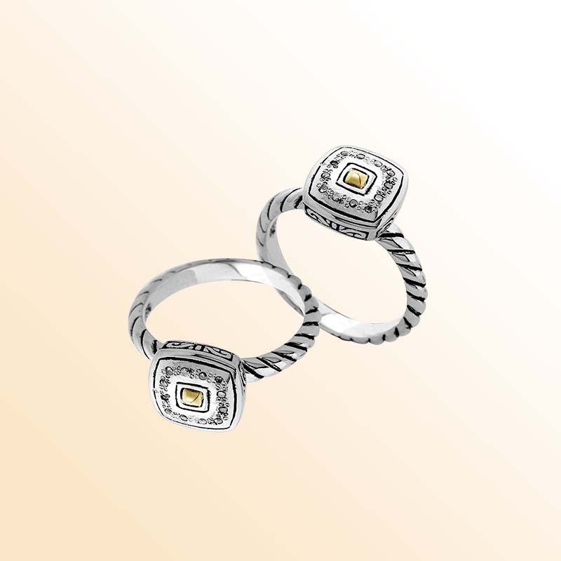 Sterling Silver With 18K Gold Diamond Square Minimal Mandala Ring With Twisted Balinese Band.