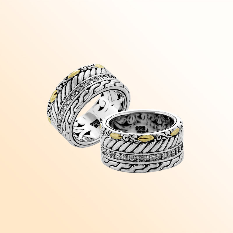 Sterling Silver With 18K Gold Diamond Braided Multi-Band Statement Ring With Intricate Balinese Carvings.