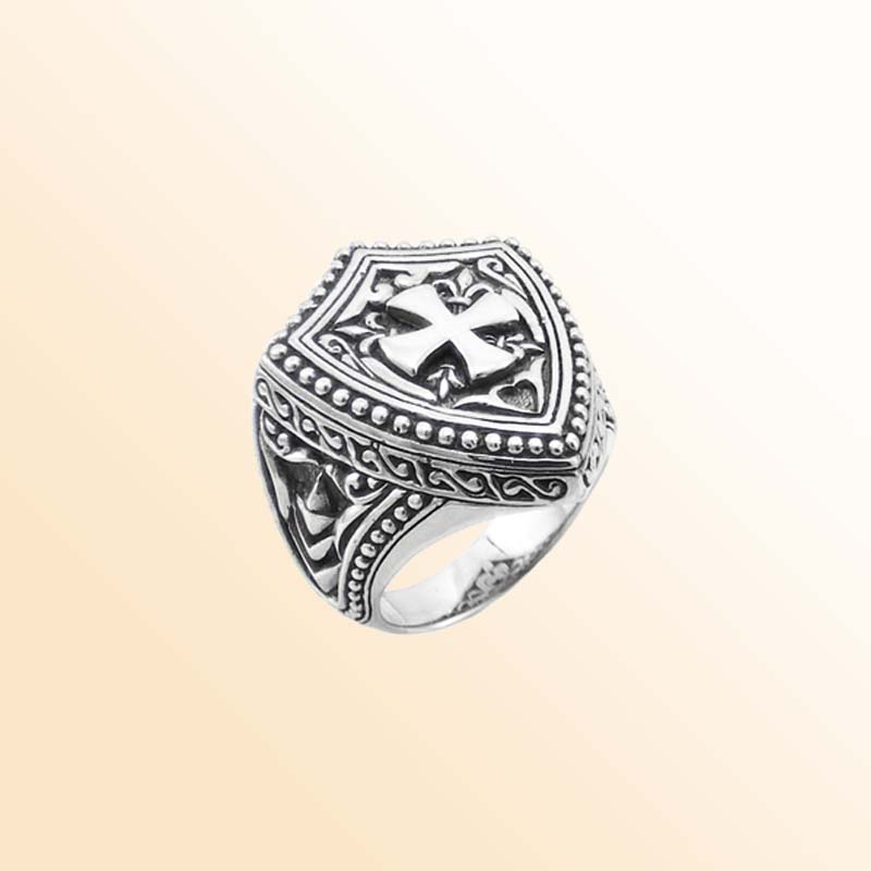 Silver Overlay Over Copper Shield Cross Warrior Ring With Medieval Carved Details.