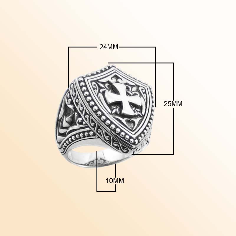 Silver Overlay Over Copper Shield Cross Warrior Ring With Medieval Carved Details.