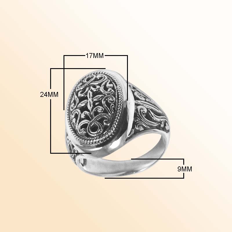 Silver Overlay Over Copper Oval Carved Balinese Ring With Artistic Swirl Engravings.