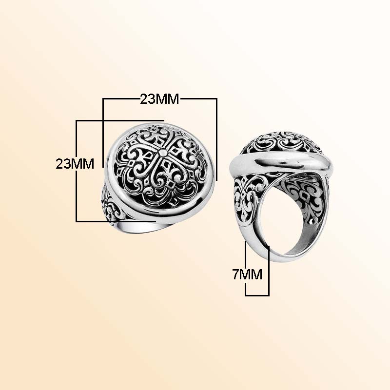 Silver Overlay Over Copper Round Carved Dome Ring With Artistic Balinese Engravings.