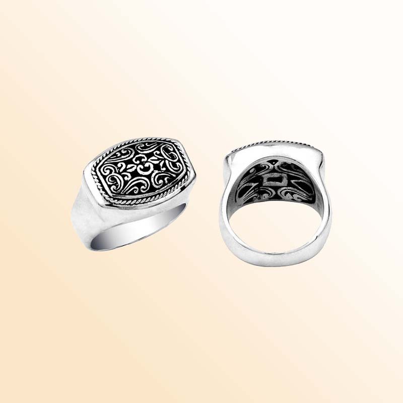 Silver Overlay Over Copper Rectangular Carved Balinese Signet Ring With Swirl Engravings.