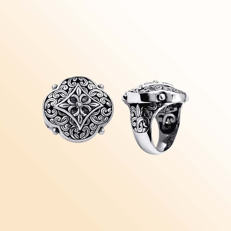 Silver Overlay Over Copper Floral Mandala Carved Balinese Heritage Ring.