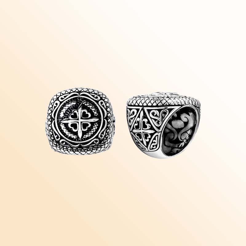 Silver Overlay Over Copper Compass Heart Carved Balinese Heritage Ring.