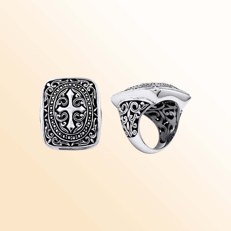 Silver Overlay Over Copper Rectangular Cross Carved Balinese Heritage Ring.