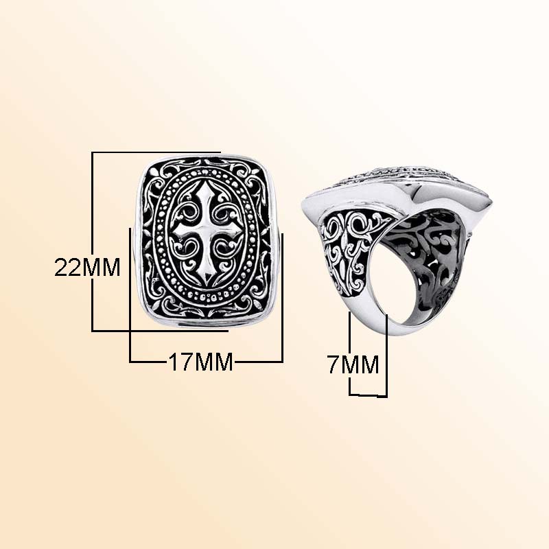 Silver Overlay Over Copper Rectangular Cross Carved Balinese Heritage Ring.