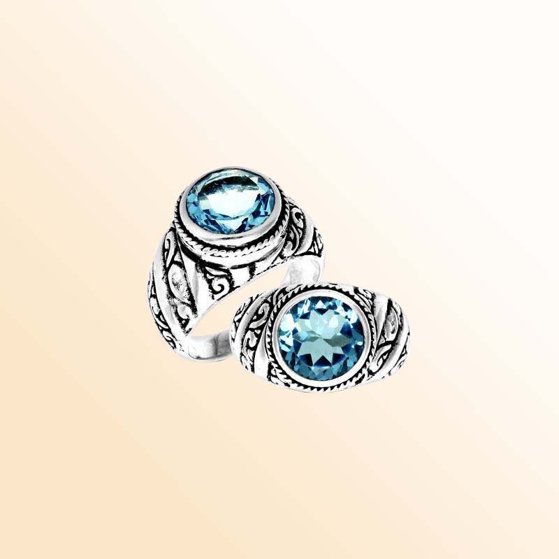 Blue Topaz Quartz Oval Balinese Carved Silver Overlay Heritage Ring.