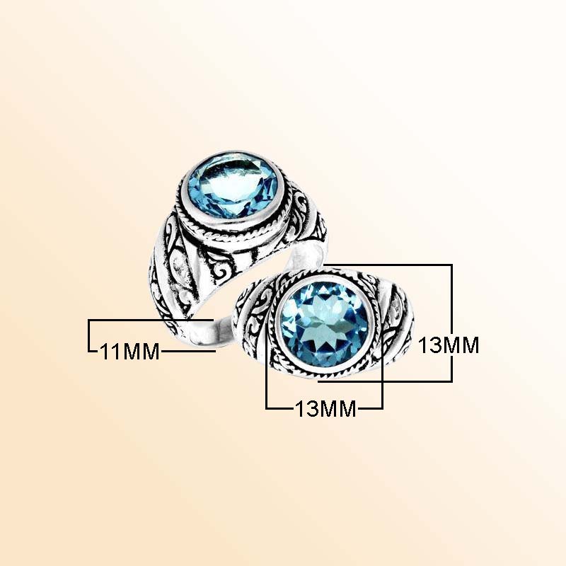 Blue Topaz Quartz Oval Balinese Carved Silver Overlay Heritage Ring.