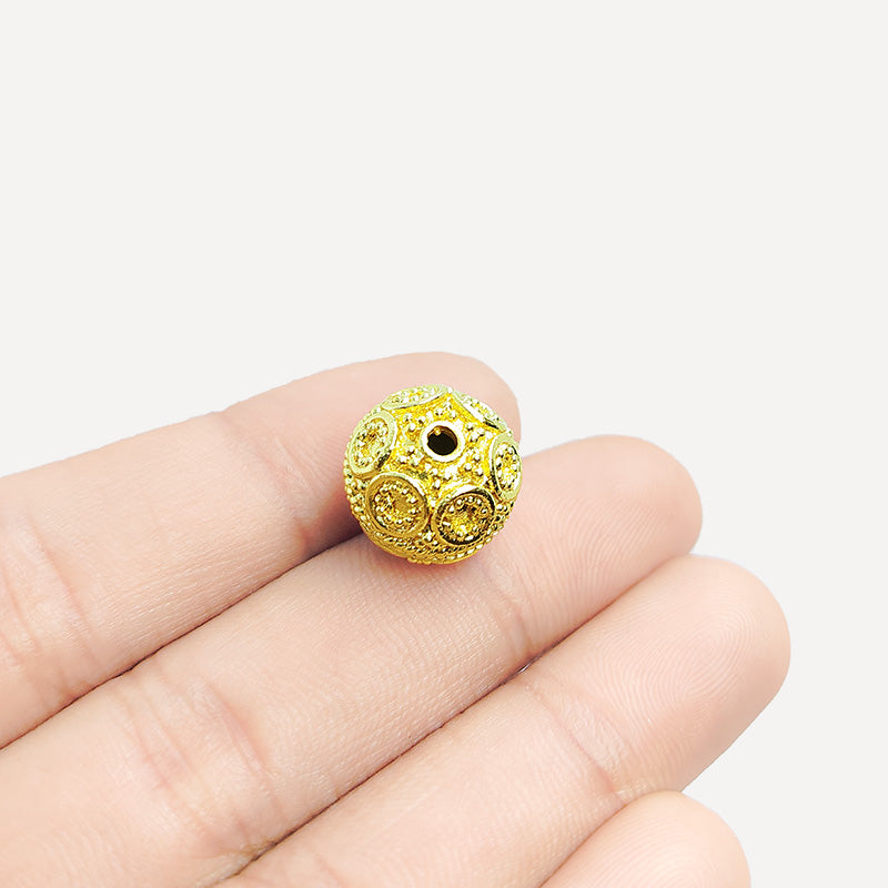 Handcrafted India bead with 18K Gold Overlay and filigree texture made from copper for jewelry making.