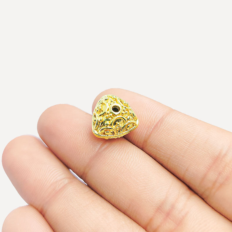 Handcrafted 18K gold overlay copper bead with triangular-round filigree design from India for jewelry making.