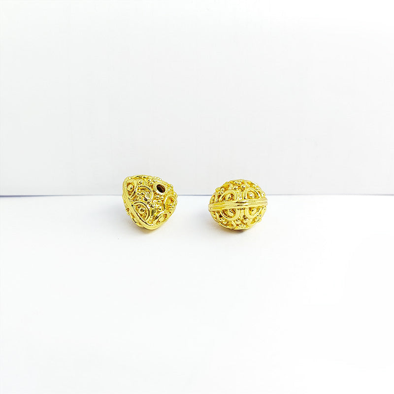 Handcrafted 18K gold overlay copper bead with triangular-round filigree design from India for jewelry making.