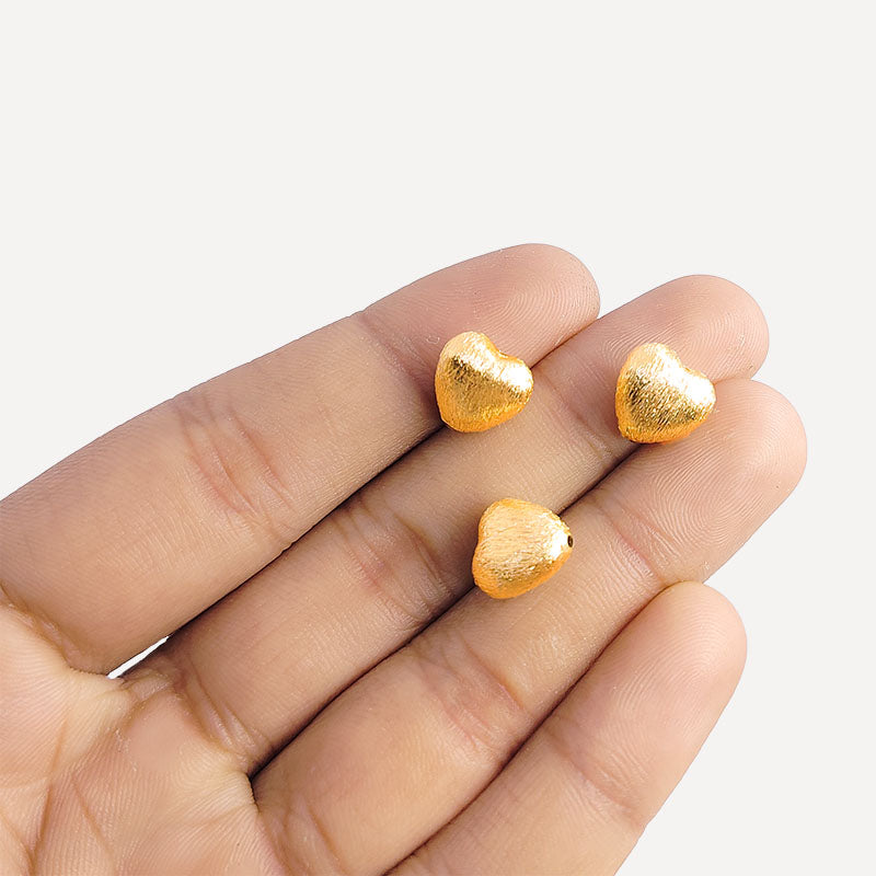 18K gold overlay handcrafted 3D heart shape brushed bead from India for retail jewelry crafting