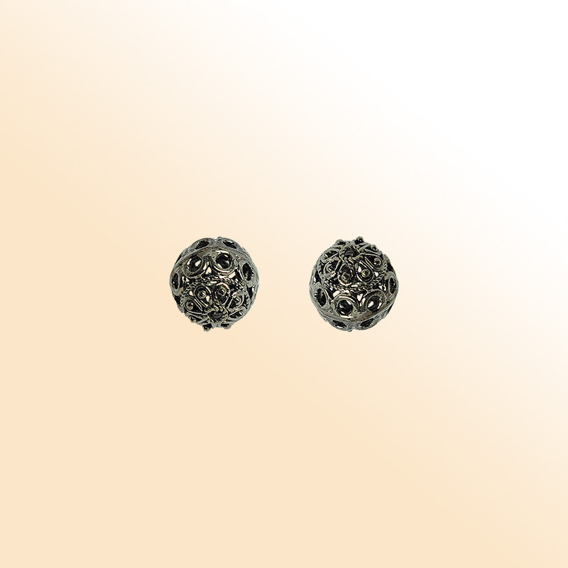 Handcrafted black rhodium overlay round filigree bead from India with detailed openwork for designer jewelry.