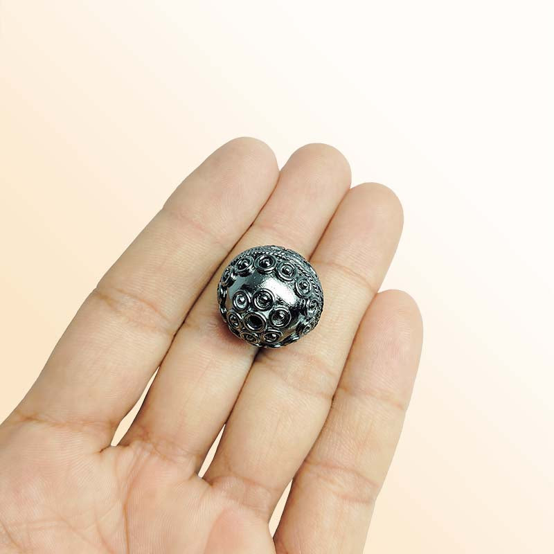 Black Rhodium handcrafted round bead from India featuring textured artisan design for jewelry making