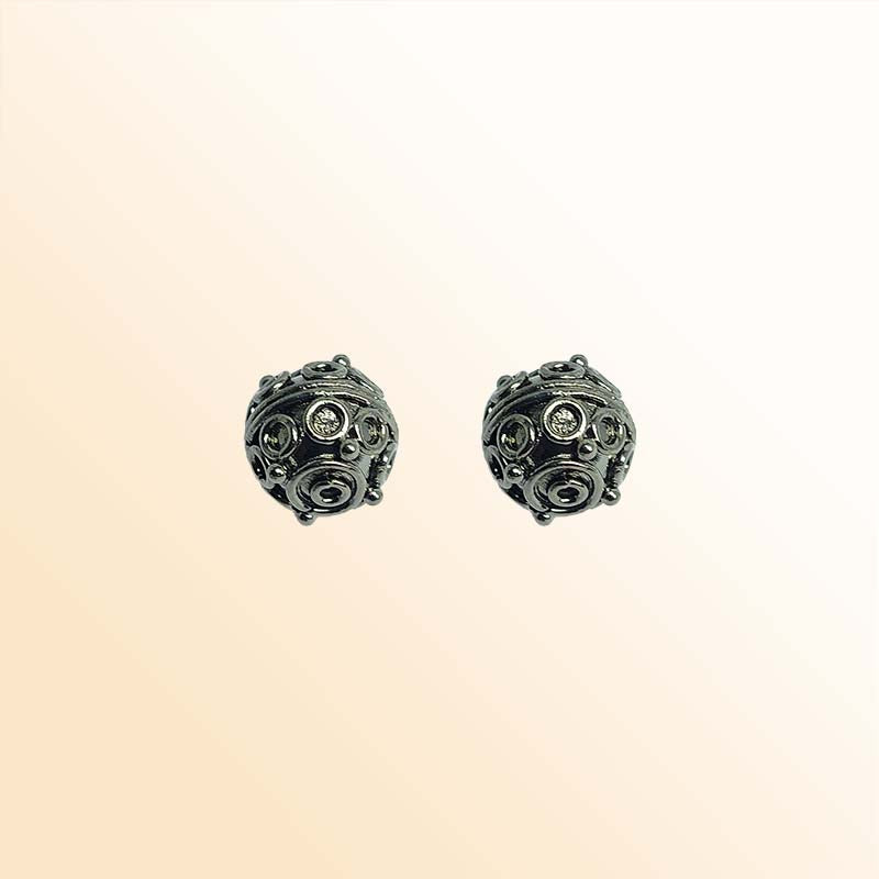 Handcrafted black rhodium overlay copper round bead from India with Bali style detailing for jewelry making
