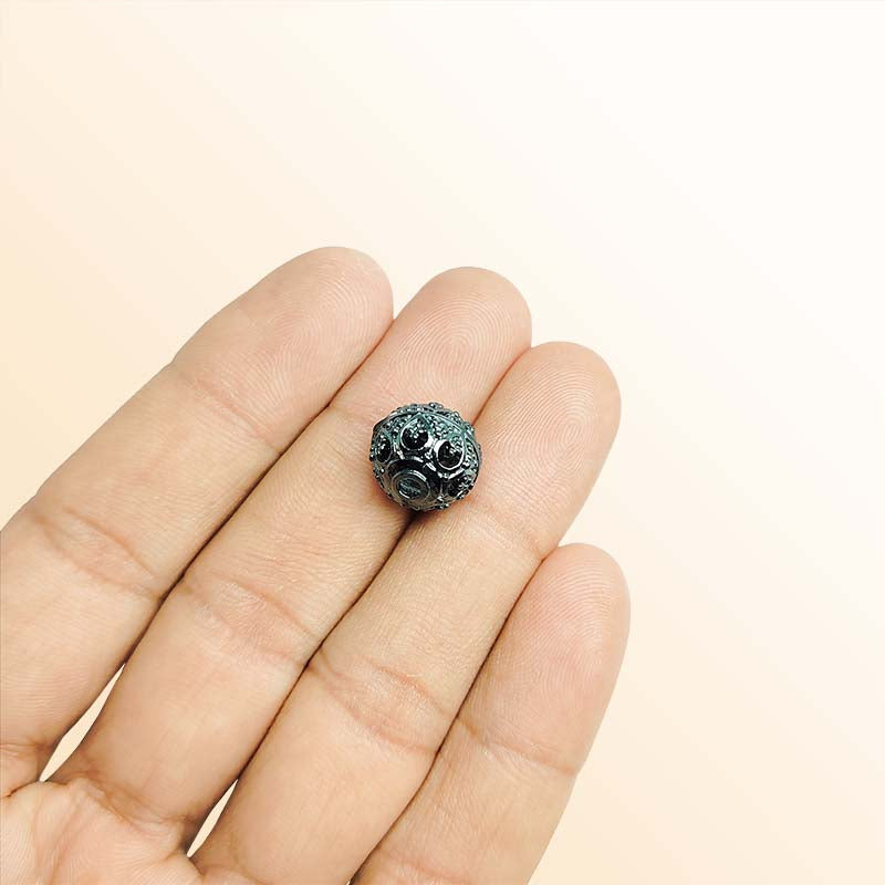 Handcrafted black rhodium overlay copper ornate dome round bead from India with floral textured design