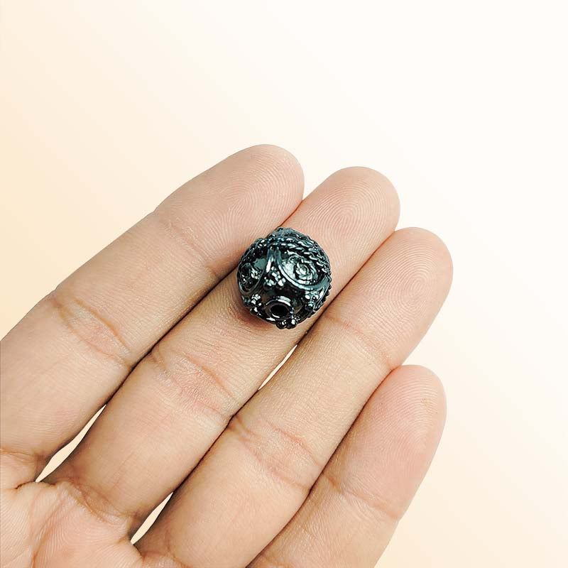 Handcrafted black rhodium overlay copper ornate rope band round bead from India with vintage scroll texture