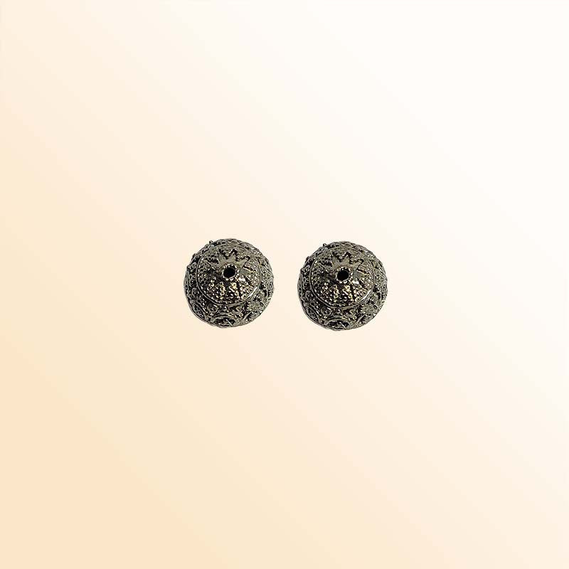Handcrafted black rhodium overlay copper ornate scroll dome round bead from India with vintage floral texture