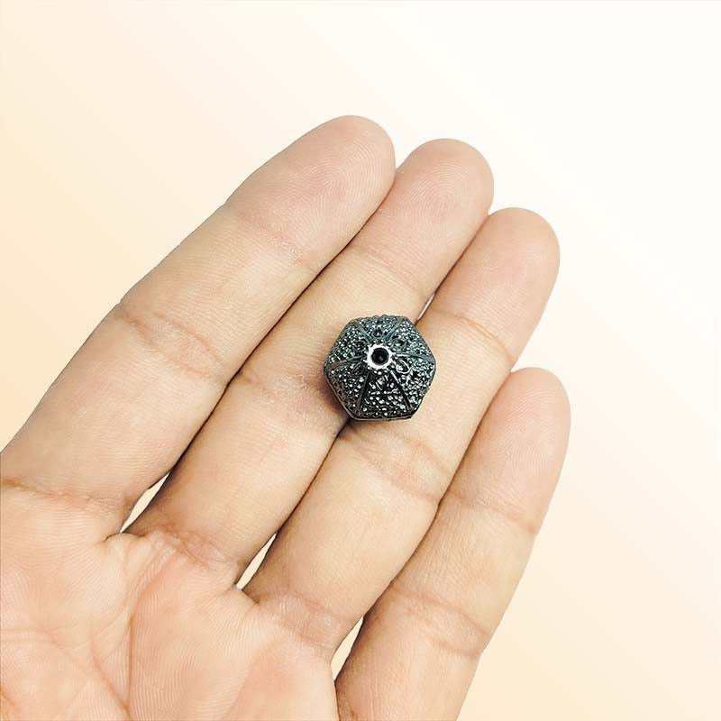 Black rhodium overlay copper ornate faceted bead 15mm handcrafted in India for retail jewelry designs