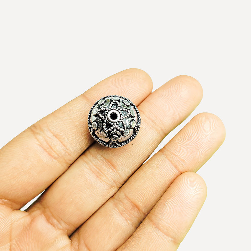 Silver ornate dome copper bead handcrafted in India with raised motifs and antique finish