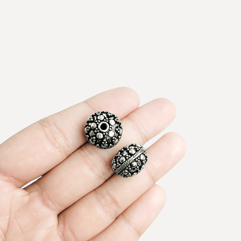 Silver studded disc copper bead handcrafted in India with antique finish and textured detailing