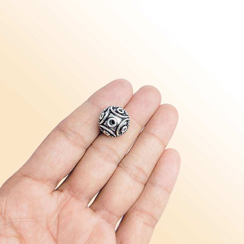 Handcrafted silver overlay round bead from India with oxidized finish and rope accent design for retail jewelry making