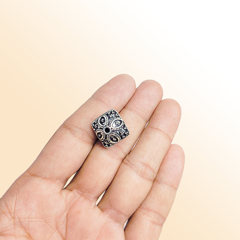 Handcrafted silver overlay square bead from India with oxidized finish and floral design for retail jewelry making
