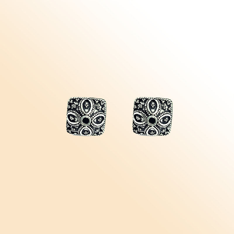 Handcrafted silver overlay square bead from India with oxidized finish and floral design for retail jewelry making