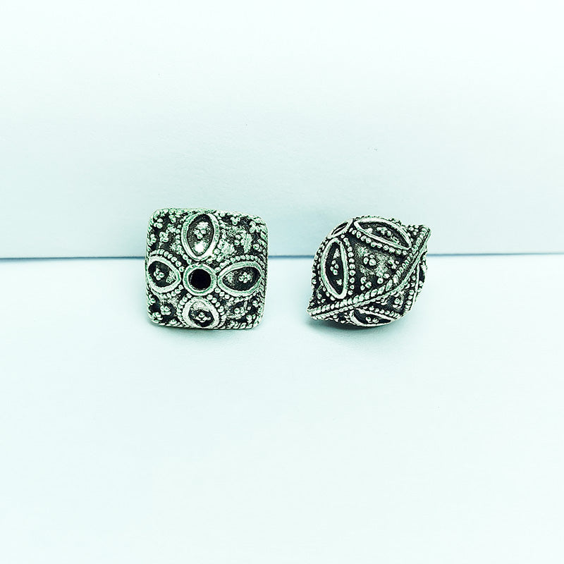 Handcrafted silver overlay square bead from India with oxidized finish and floral design for retail jewelry making
