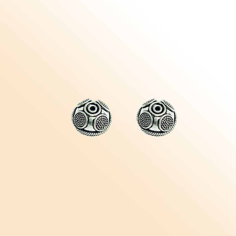 Handcrafted silver overlay round bead from India with oxidized finish and granulated disc design for retail jewelry making