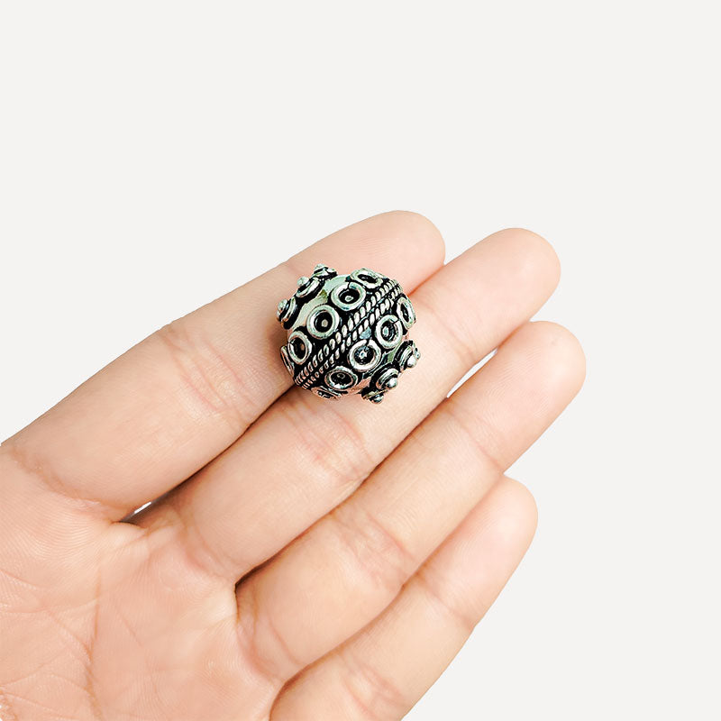Handcrafted silver overlay round bead from India with oxidized finish and raised dot design for retail jewelry making