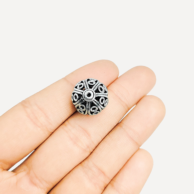 Handcrafted silver overlay sphere bead from India with oxidized finish and openwork floral design for retail jewelry making