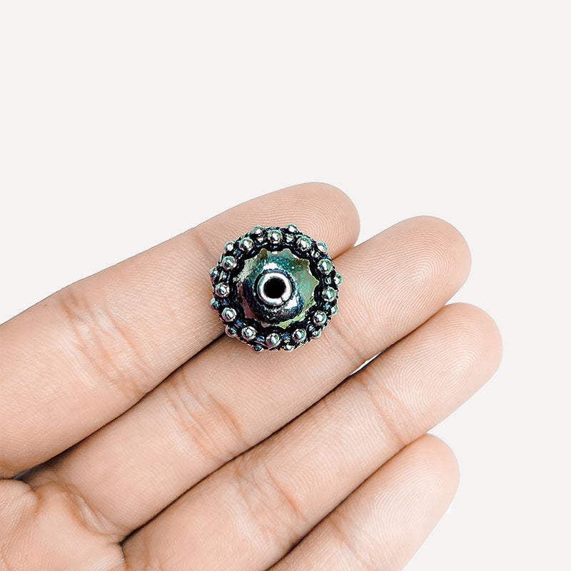 Silver overlay over copper handcrafted beaded dome bead from India with antique finish jewelry spacer