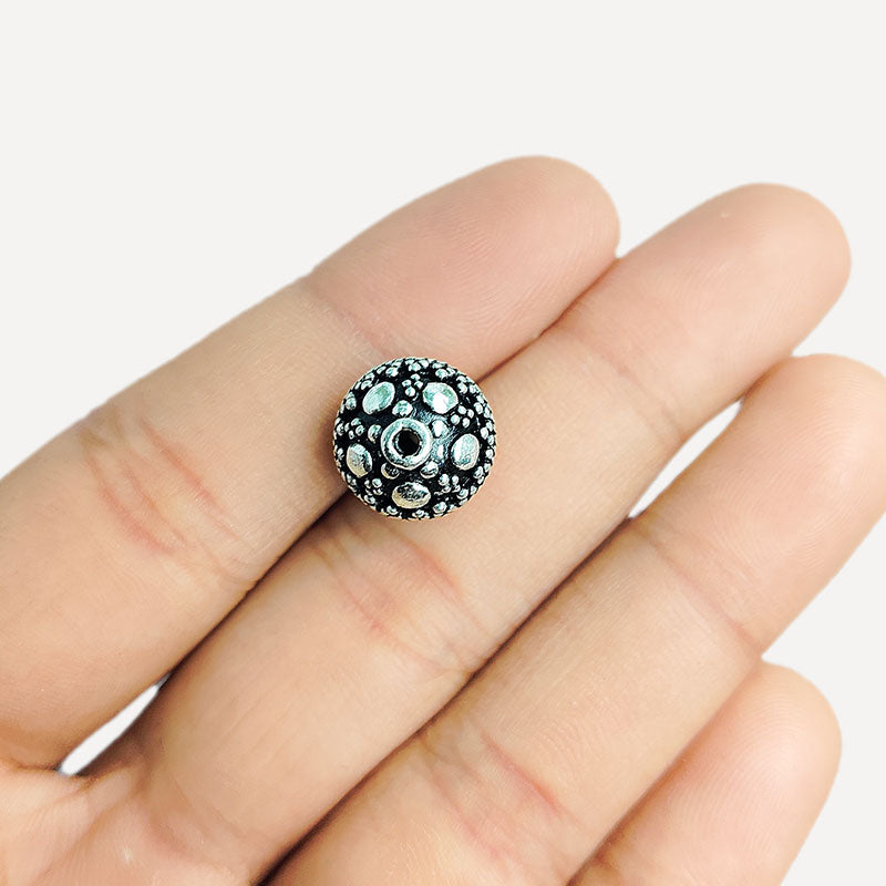 Silver overlay over copper handcrafted textured round bead from India with antique finish jewelry spacer
