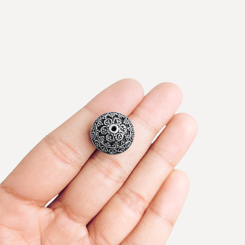 Silver overlay over copper handcrafted dotted circle bead from India with antique finish jewelry spacer