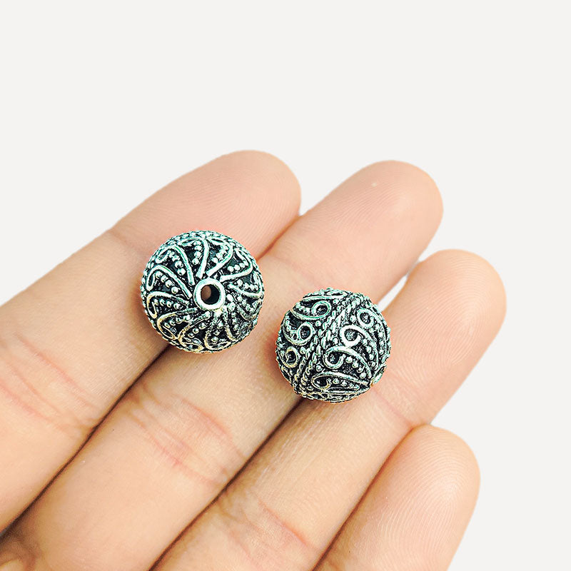 Silver overlay over copper antique paisley scroll round bead handcrafted in India