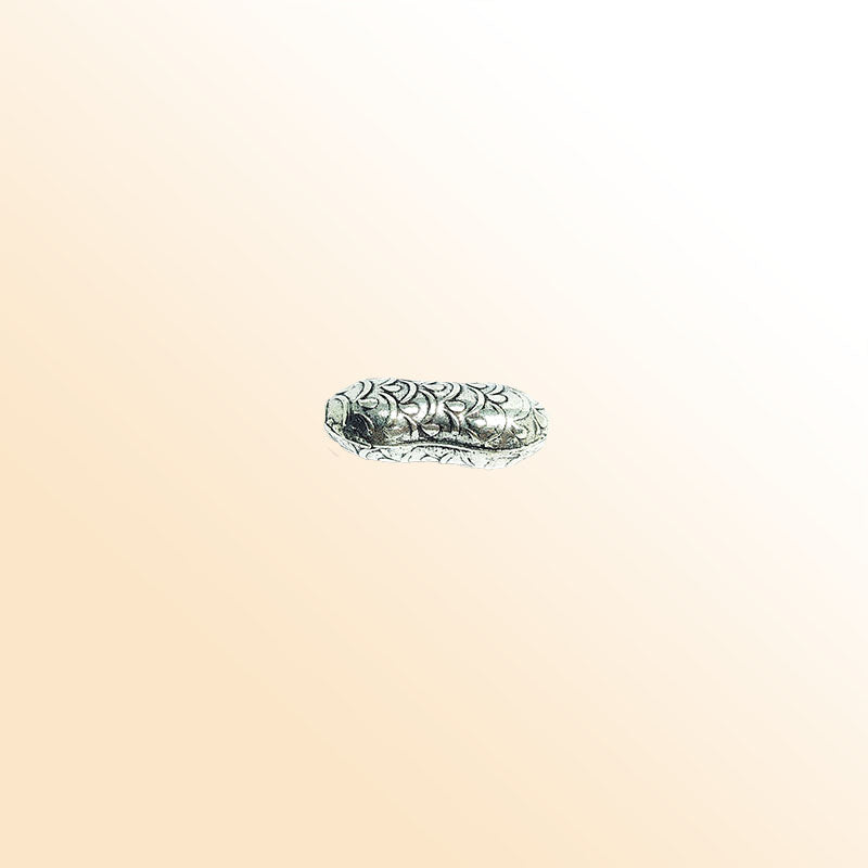 Silver double oval bead cap from India with floral vine textured design, handcrafted using silver overlay over copper.
