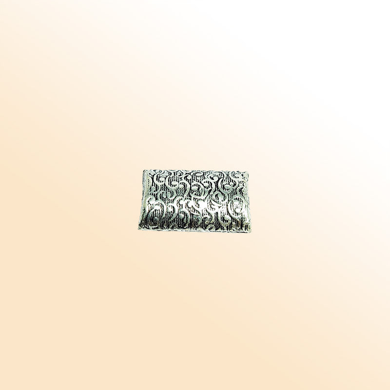 Silver rectangular bead cap from India with floral scroll textured design, handcrafted using silver overlay over copper.