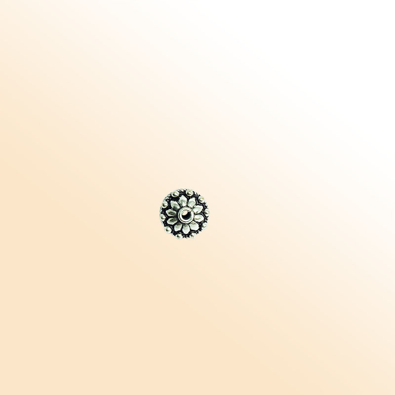 Floral silver overlay over copper disc bead handcrafted in India with rope and dotted detailing