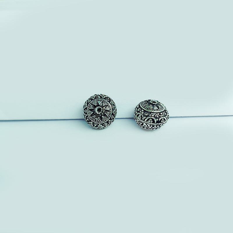 Vintage silver overlay over copper handcrafted domed round bead with floral granulation made in India for jewelry making