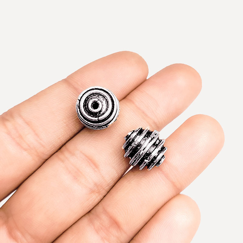 Silver Overlay Over Copper ribbed ring bead with layered groove texture handcrafted in India for jewelry making