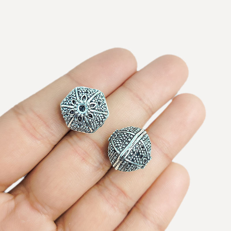 Silver Overlay Over Copper floral star patterned bead with dotted surface handcrafted in India for jewelry making
